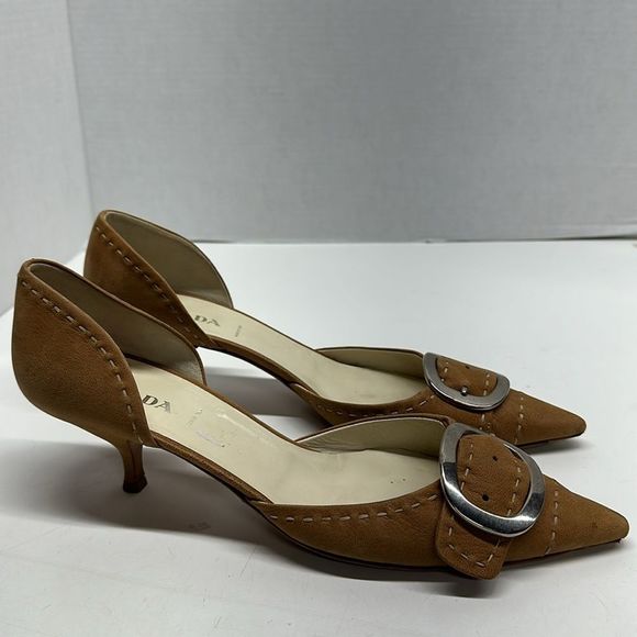 Prada Heels Low Kitten Heel Pointed Toe Buckle Suede in Light Brown Size 42 12 - Picture 2 of 16